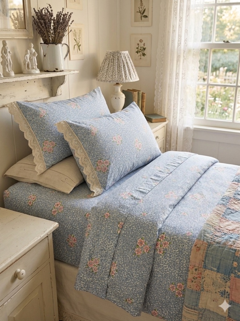 Vintage Barbara Brody Martex blue Floral sheets cottage core shabby  farmhouse